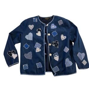 Vtg Y2K 2000s Blue Patchwork Heart Button Jacket Wmns M Cottagecore Granny